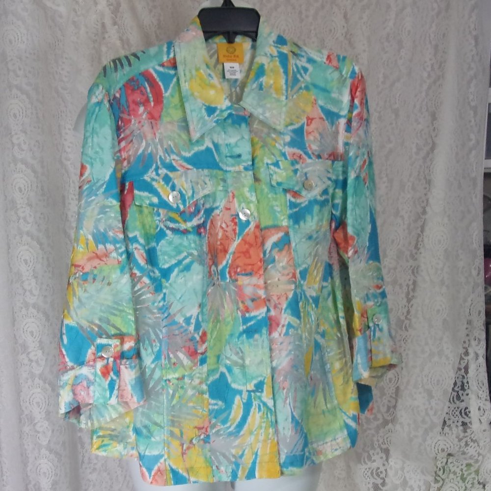 Ruby Rd Bright Multi Color Top Blouse Yellow Turquoise Coral